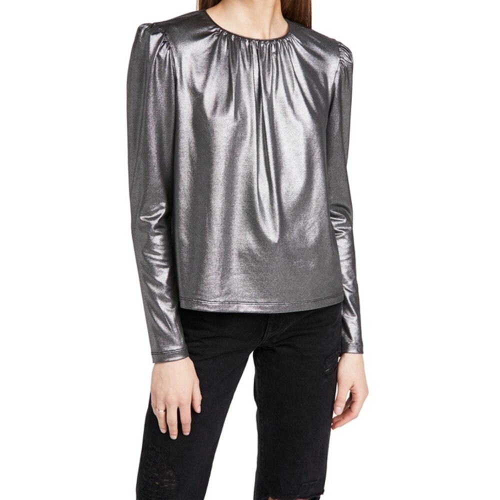 Derek Lam Kary‎ Top Silver Metallic Pleated Pullover Long Sleeve Sz 46 / 10 US